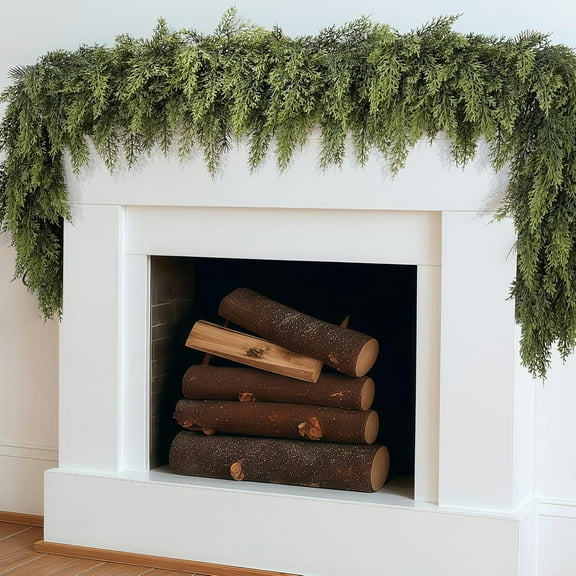Janrevotw  5FT Christmas Garland, Christmas Decorations, Real Touch Cedar Garland, Artificial Cypress Garlands for Mantle Fireplace Table Door Wall Upstairs Indoor Outdoor Holiday Xmas Decor