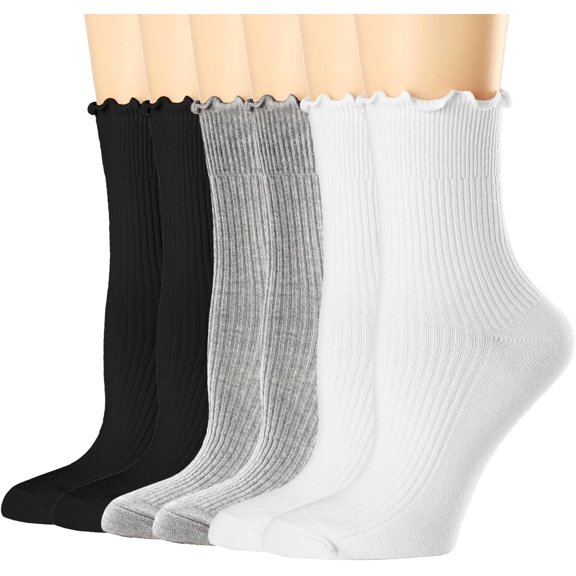Janrevotw 6 Pack Women's Socks, Ruffled Flip Cuff Casual Crew Socks Breathable Cool Knit Cotton Lettuce Ankle Ruffle Socks