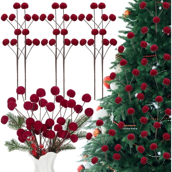 Janrevotw 6 Pcs 12 Inch Christmas Tree Picks Velvet Christmas Ornaments Spheres Ball Pick Velvet Xmas Tree Branches Hanging Decoration Wreath Home Office Party Ornament