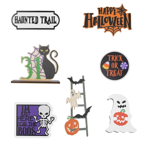 Janrevotw 7 Pieces Of Halloween Decorations - Happy Halloween Wooden Signs - Cute Ghosts And Skulls - Farmhouse Rustic Tiered Tray Decorations For Family Table House Room