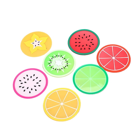 Janrevotw 7pcs Non-Slip Coasters Insulated Colorful Unique Slice Silicone Drink Coasters, Round Fruit Tabletop Insulated Tea Coasters Pvc Soft Rubber Heat Pads