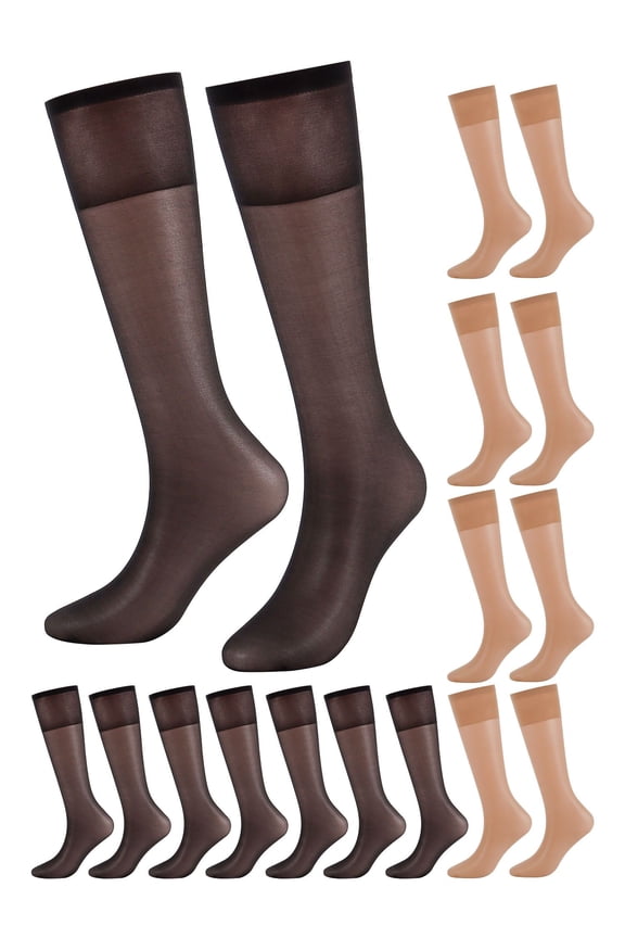 Janrevotw 8 Pairs Of Women'S See-Through Knee-High Pantyhose With Reinforced Toes Women'S Nylon Stockings (Black + Skin)