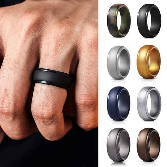 Janrevotw 8mm Wide Silicone Finger Ring - Mens Women Silicone Wedding Band Rubber Rings for Him  Couples Size 7 8 9 10 11 12 13 14