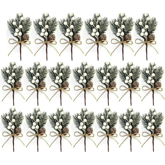 Janrevotw Artificial Christmas Picks 20 Pack, White Christmas Berries Stems Pine Branches Cones Holly Spray/Winter Holiday Floral Pick for Xmas Decor Wreath, Garland, Crafts, Xmas Tree, Gift Wrap
