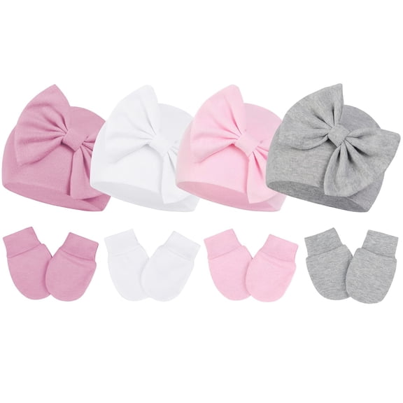 Janrevotw Baby Hat And Mittens Set Brimless Pee Wee Hat Bow Knit Baby Hat Newborn Hat Scratch Free Mittens Set