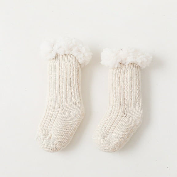 Janrevotw Baby Winter Furry Slipper Socks Christmas Thickened Warm Wool Grip Children Floor Socks Solid Colour Plus Velvet Non-Slip Baby Shoes Socks