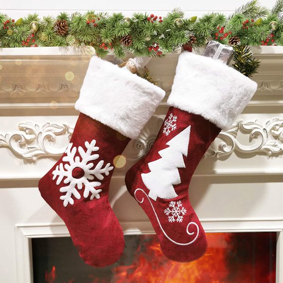 Janrevotw Christmas Stockings Set, 2 Pcs Large Christmas Stocking Soft Classic Red White Fireplace Hanging for Family Holiday Xmas Party Decorations