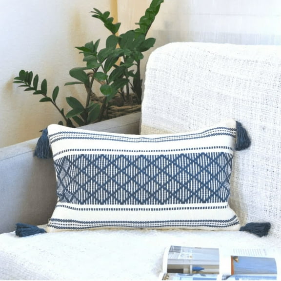Janrevotw Decorative Lumbar Pillow Cover with Tassels, 12x20 Inch, Navy/Beige | Boho Rectangular Pillow Cover for Living Room Sofas, Chairs | Farmhouse Rustic Woven Pillow Cover (Navy)