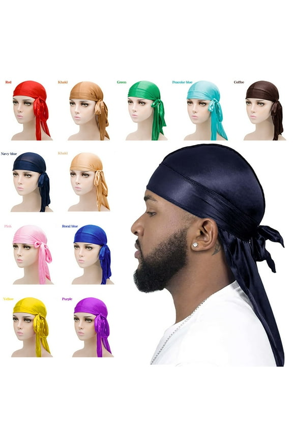 Durags for Men Silky Cap with Long Tail and Wide Straps Colorful 360 Waves Du Rag Cap for Men and Women Hip Hop Rapper 25 Colors