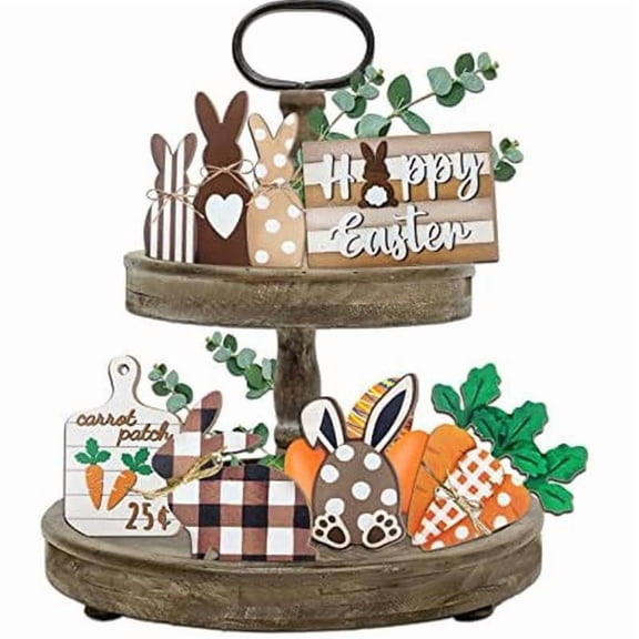 Janrevotw Easter Bunny Tiered Tray Decorations, Happy Easter Bunny Carrot Buffalo Plaid Wood Sign, Spring Rustic Bunny Decorations Home Table Mantel Shelf Church Party