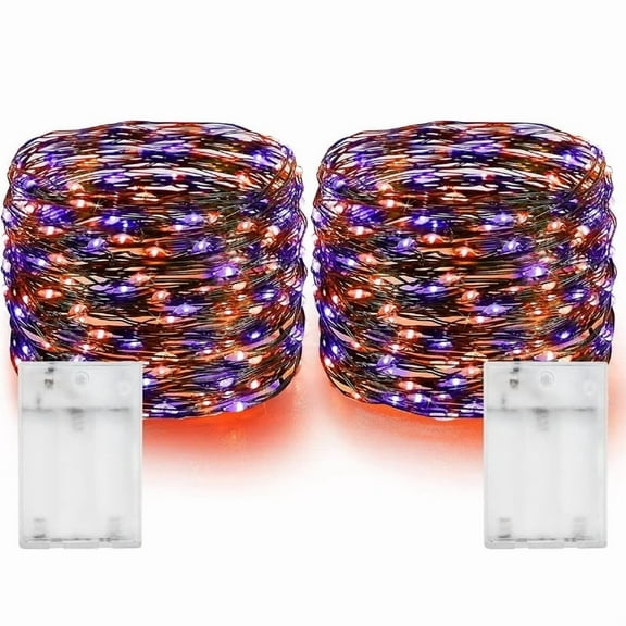 Janrevotw Fairy String Lights, 39FT100LED Copper Wire Battery Operated Waterproof Lights, Halloween Decorations for Indoor Home Outdoor Patio Yard Party Decor (Purple and Orange, 2Pcs)
