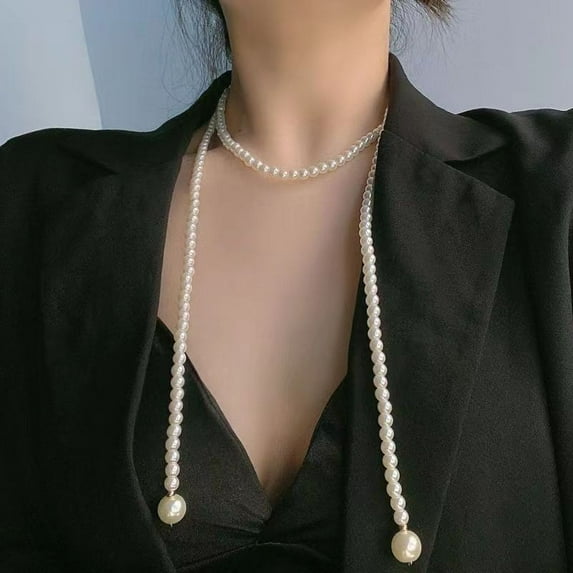 Janrevotw Fashion Summer Dress Long Necklace Elegant Pearl Sweater Chain Long Necklace Fashion Accessories