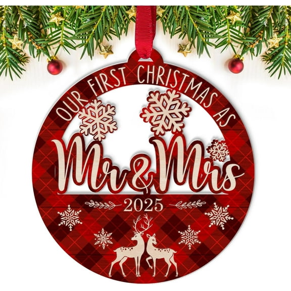 Janrevotw Our First Christmas as Mr and Mrs 2025 Ornament – Wooden Holiday Tree Decoration & Wedding Keepsake, First Christmas Ornament for Newlyweds, Romantic Couple Décor Gifts