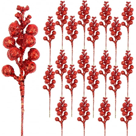 Janrevotw Glitter Berry Stems for Christmas Tree Ornaments,20Pcs Rose Red Picks and Sprays Artificial Branches Xmas Tree Filler Holiday Wreath Garland Decorations Home Décor 7.8 Inch