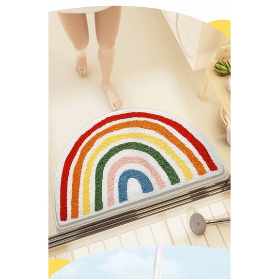 Janrevotw Half-Circle Bath Mat Rainbow Bathroom Mat Absorbent Mat Home Bathroom Entryway Foot Mat Half-Circle Anti-Slip Carpet Door Mat Washable Indoor Mat Sun Retro 16x24 Inches