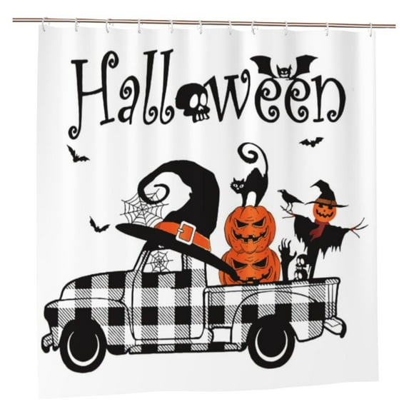 Janrevotw Halloween Pumpkin Shower Curtain, Halloween Themed Plaid Truck Cat Bat Skulls Shower Curtain For Halloween Bathroom Decor 72x72 In