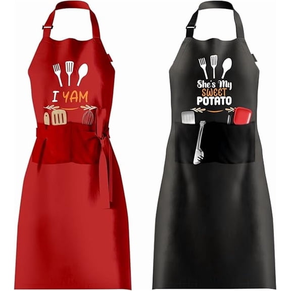 Janrevotw His and Hers Aprons for Cooking，Funny Couple Aprons Set and Adjustable Apron with 2 Pockets for Wedding Engagement Gifts