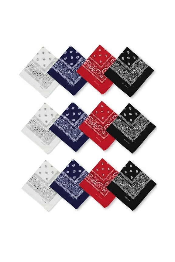 One Dozen/12 Pieces Mixed Bandanas 100% Novelty Double Sided Printed Paisley Cowboy Bandanas Party Favors Scarves Headbands Handkerchiefs Cotton