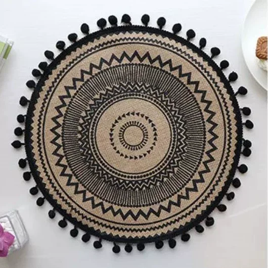Janrevotw Round Linen Placemat Set, 15 Inch Round Linen Table Runner With Pom Poms, Bohemian Placemats, Mandala Jute Table Runner, Farmhouse Table Runner