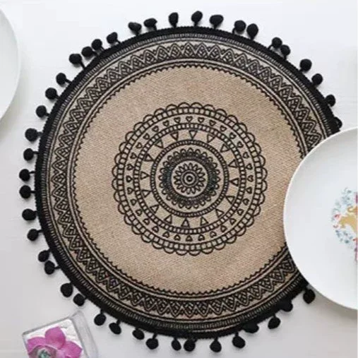 Janrevotw Round Linen Placemat Set, 15 Inch Round Linen Table Runner With Pom Poms, Bohemian Placemats, Mandala Jute Table Runner, Farmhouse Table Runner