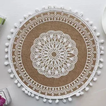 Janrevotw Round Linen Placemat Set, 15 Inch Round Linen Table Runner With Pom Poms, Bohemian Placemats, Mandala Jute Table Runner, Farmhouse Table Runner