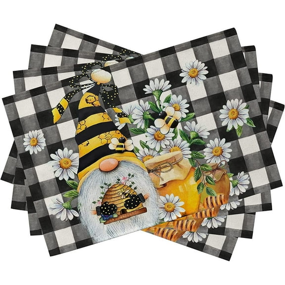 Janrevotw Spring Bee Gnome Daisy Buffalo Check Plaid Linen Placemats Set of 4 for Dining Table 12"x18"