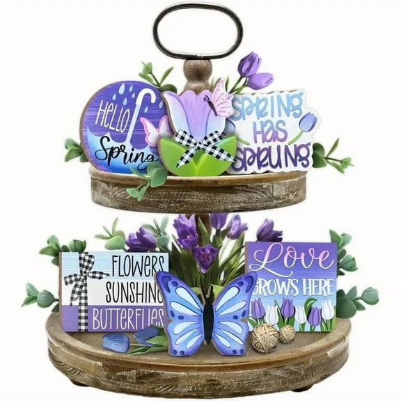 Janrevotw Spring Tiered Tray Decor, Purple Tulip Farmhouse Tray Decor Set, Hello Spring Buttercup Wooden Sign, Rustic Spring Home Kitchen Table Stand Decorations