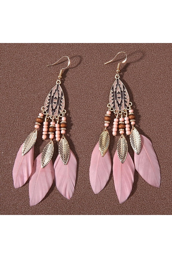 Teardrop Fringe Feather Earrings For Women, Long Bohemian-Style Pearl Earrings, European And American-Style Ethnic-Inspired Travel And Vacation Accessories