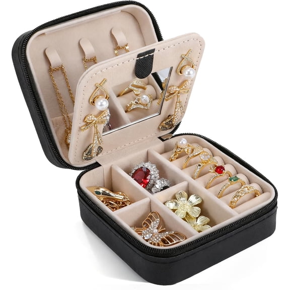 Janrevotw Travel jewelry case Travel jewelry box Travel Jewelry Organizer Small box Gift for Girls Women with Mirror(Black)