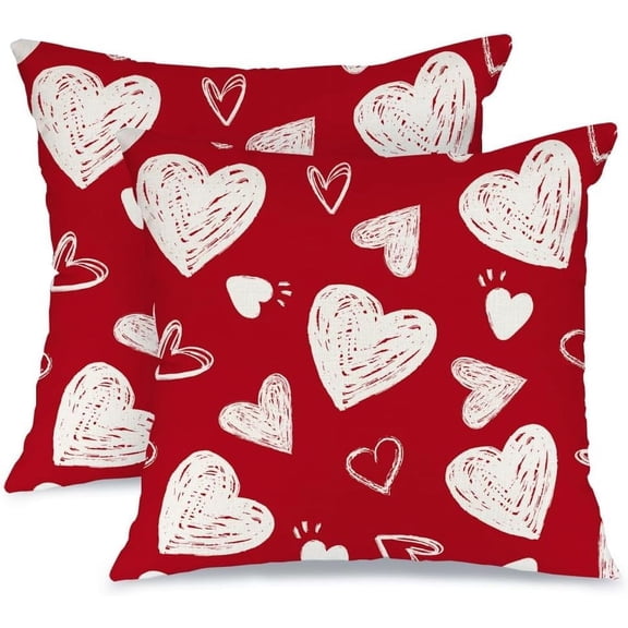 Janrevotw Valentine's Day Pillow Cover 18X18 Inch Set of 2,White Hearts Decorations Holiday Farmhouse Decorative Pillow Case for Sofa Couch Decor (Red)