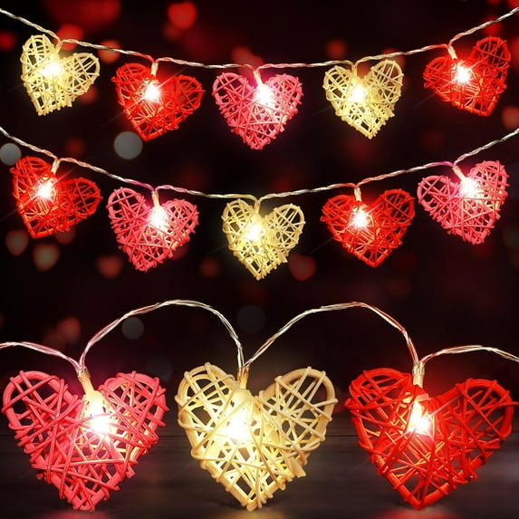 Janrevotw Valentines Heart String Lights, Battery Operated Vintage Rattan Heart Shaped Lights, 5.5ft 10 LED Twinkle Light for Valentine s Day Wedding Indoor Outdoor Decor(Red, Pink, White)