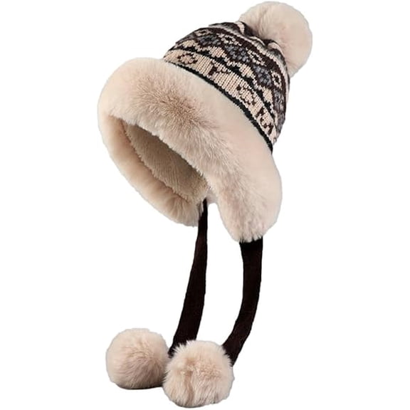 Janrevotw Winter Knit Pom Pom Beanie Hat with Ear Flaps Warm Fleece Lined Trapper Hat Jacquard Peruvian Hat for Women