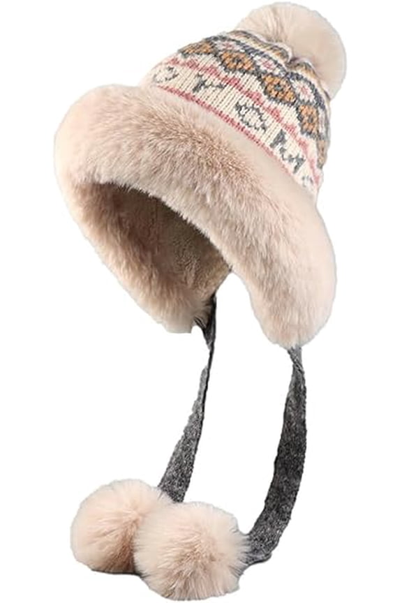 Winter Knit Pom Pom Beanie Hat with Ear Flaps Warm Fleece Lined Trapper Hat Jacquard Peruvian Hat for Women