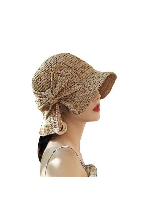 Women Sun Straw Hat Retro Woven Bow Sun Cap Bucket Hat Brown 1