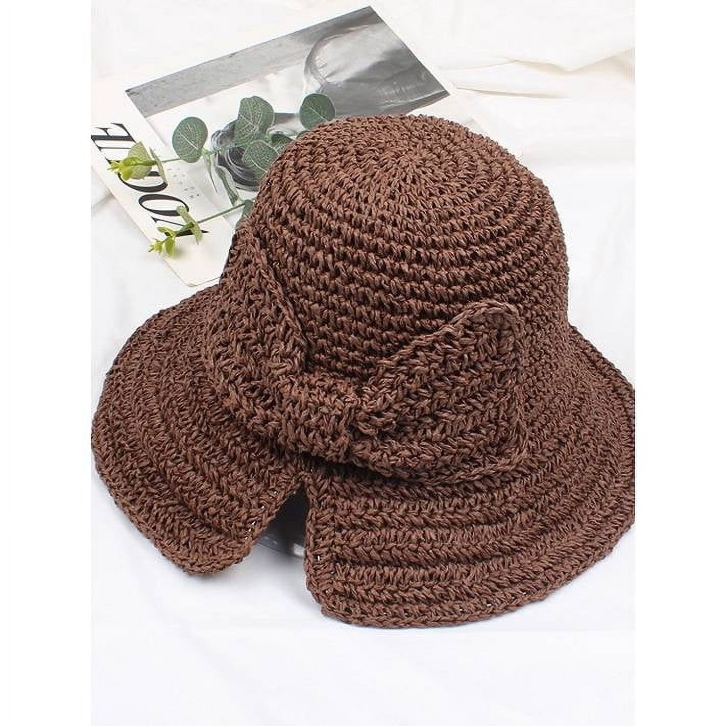 Janrevotw Women Sun Straw Hat Retro Woven Bow Sun Cap Bucket HatBrown 2 ...