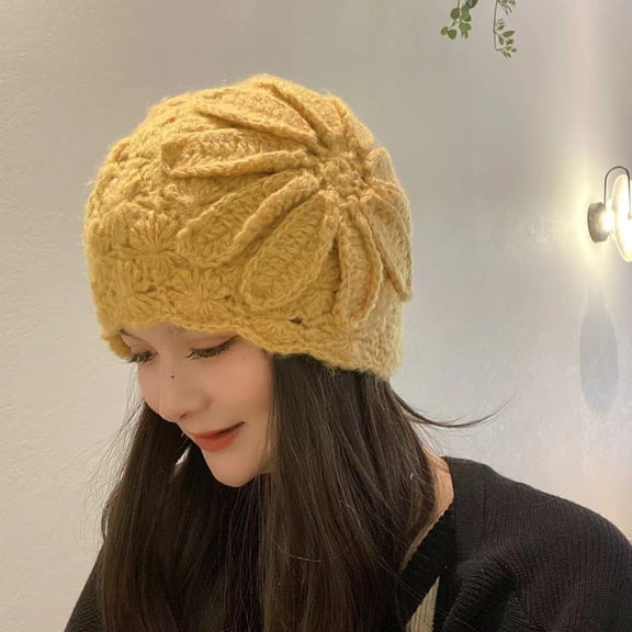 Janrevotw Women Winter Knit Beanie Hat Soft Crochet Skullies Beanies with Flower Accent