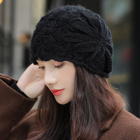 Janrevotw Women Winter Knit Beanie Hat Soft Crochet Skullies Beanies with Flower Accent