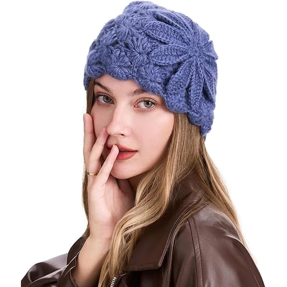 Janrevotw Women Winter Knit Beanie Hat Soft Crochet Skullies Beanies with Flower Accent