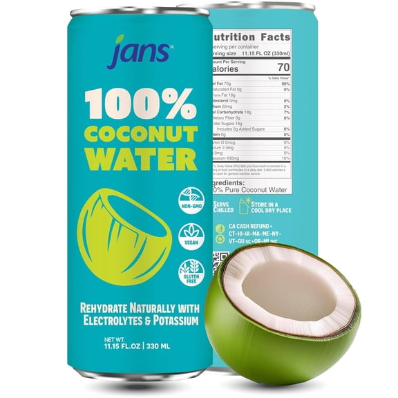 Jans 100% Coconut Water with Pure Coconut Refreshment, Vegan, Gluten-Free 11.15oz (Pack of 1)