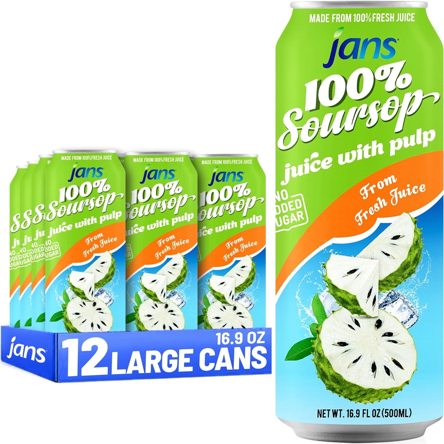 Jans 100% Soursop/Guanabana Juice With Pulp, 16.9 FL OZ (500 Liter) | PURELY Soursop Juice | NO Added Sugars | NOT From Concentrate | Fat-Free | Cholesterol-Free (Pack of 12)