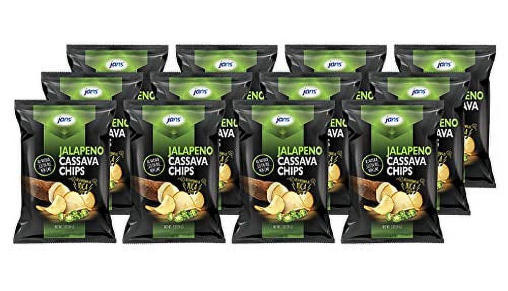 Jans Root Chips Jalapeno Cassava Chips, Gluten Free, Non GMO, savory jalapeno cassava yam chips snack, vegan snack alternative, thin sliced roots chips, 3 oz per bag (Pack of 12)
