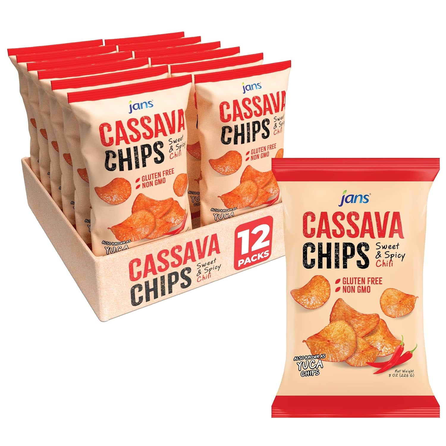 Jans Roots Chips - Cassava Balado (Sweet & Spicy Chili) Flavor 8oz (Pack of 12)