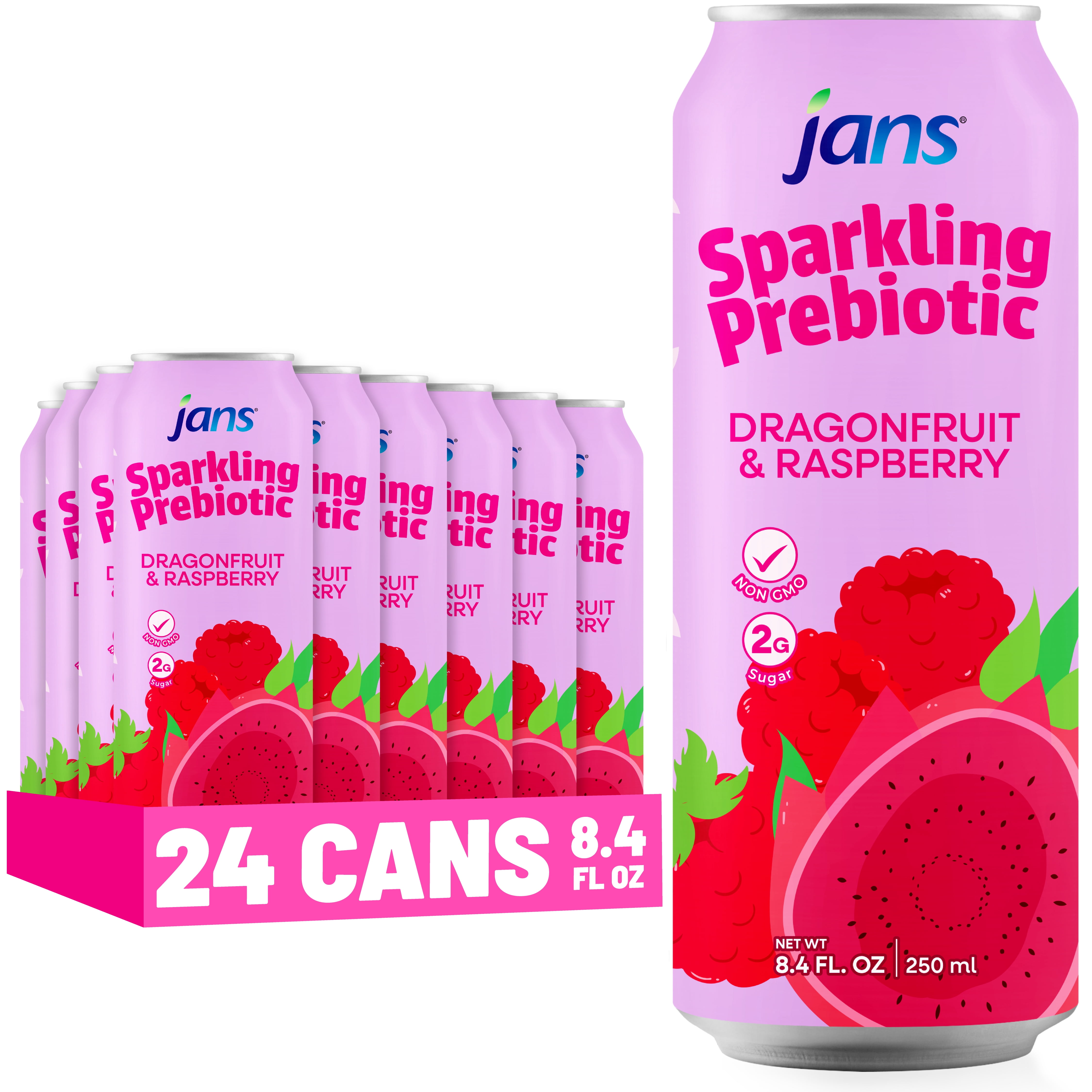 Jans Sparkling Prebiotic Soda Beverage, 8.4 oz Cans – Low Calorie, No Added Sugar – Non-GMO Sparkling Fruit Beverage – Gut Health Support – Naturally Refreshing (24-Pack, Dragonfruit & Raspberry)