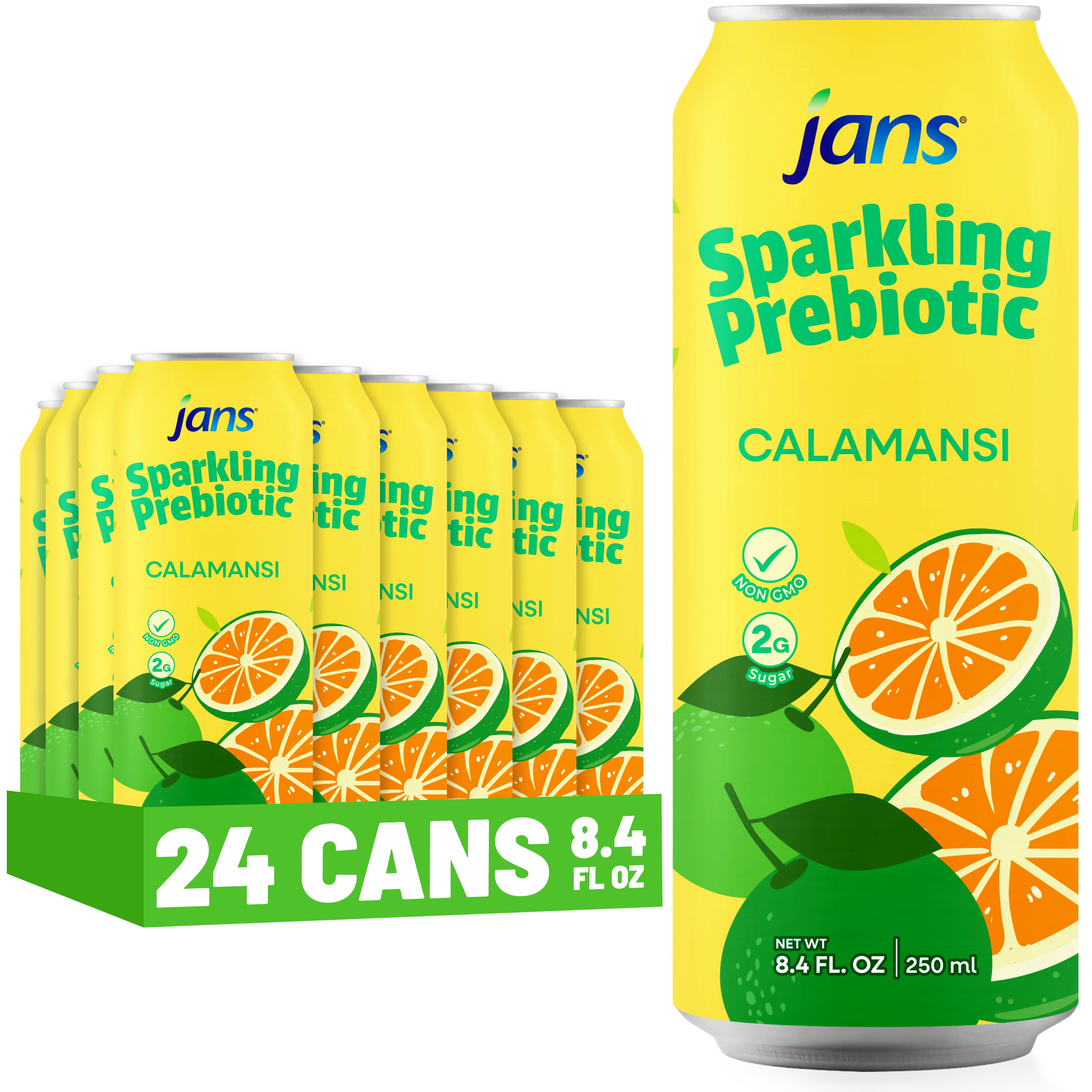 Jans Sparkling Prebiotic Soda Beverage, 8.4 oz Cans – Low Calorie, No Added Sugar – Non-GMO Sparkling Fruit Beverage – Gut Health Support – Naturally Refreshing (24-Pack, Calamansi)