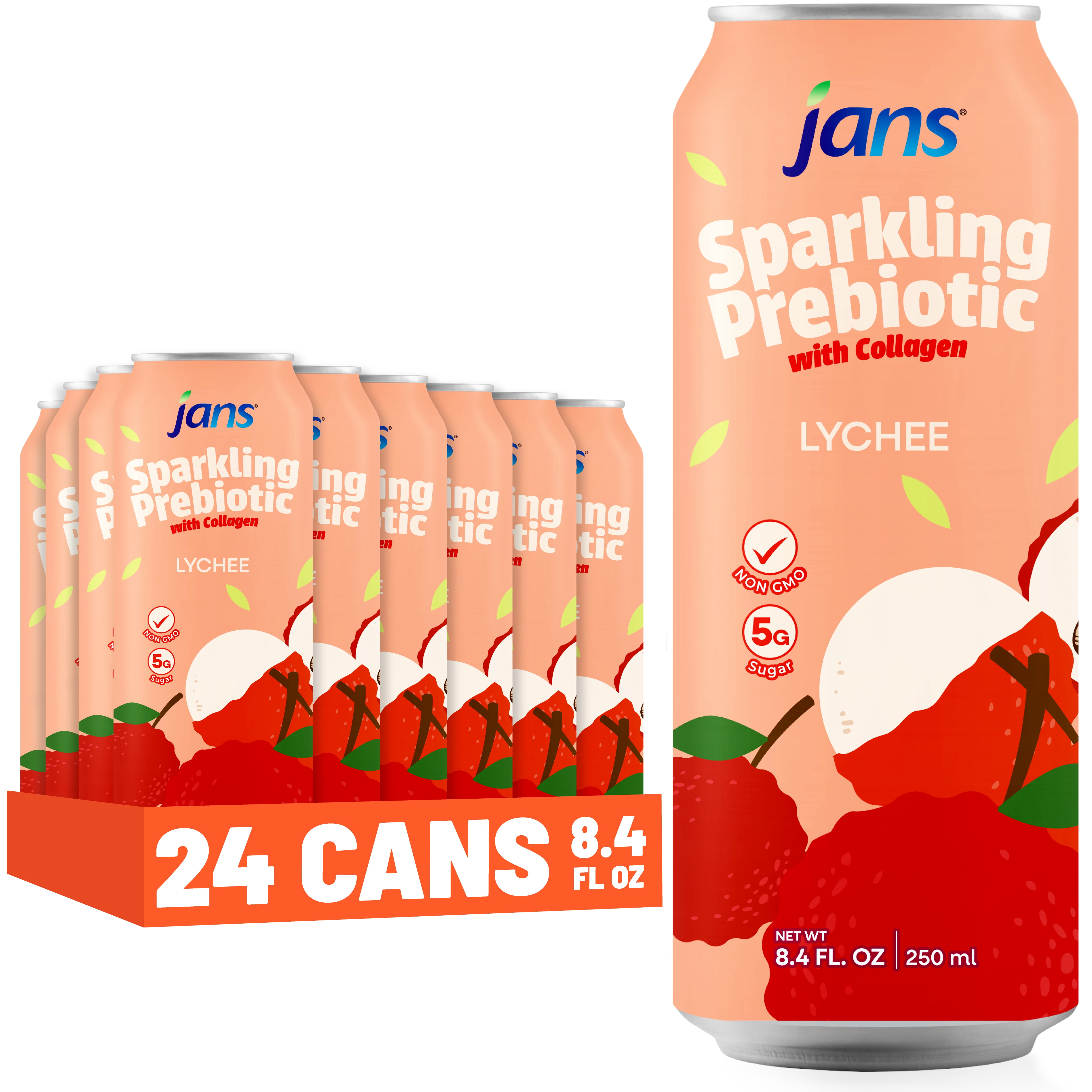 Jans Sparkling Prebiotic Soda Beverage, 8.4 oz Cans – Low Calorie, No Added Sugar – Non-GMO Sparkling Fruit Beverage – Gut Health Support – Naturally Refreshing (24-Pack, Lychee with Collagen)
