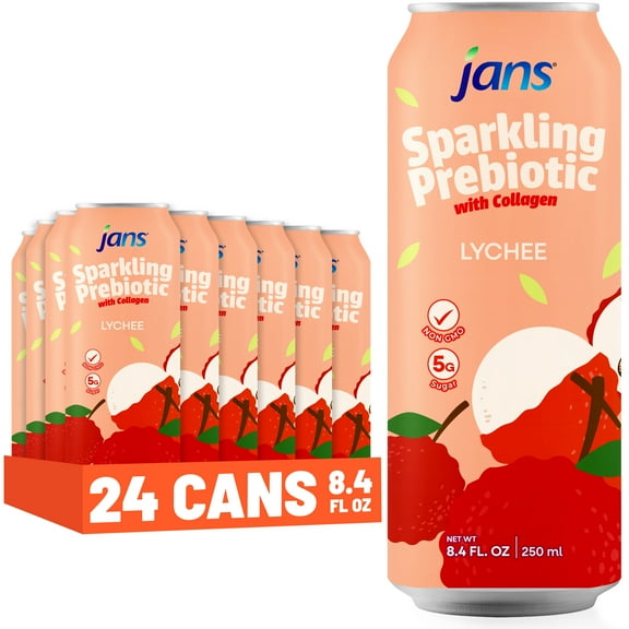 Jans Sparkling Prebiotic Soda Beverage, 8.4 oz Cans Low Calorie, No Added Sugar Non-GMO Sparkling Fruit Beverage Gut Health Support Naturally Refreshing (24-Pack, Lychee with Collagen)