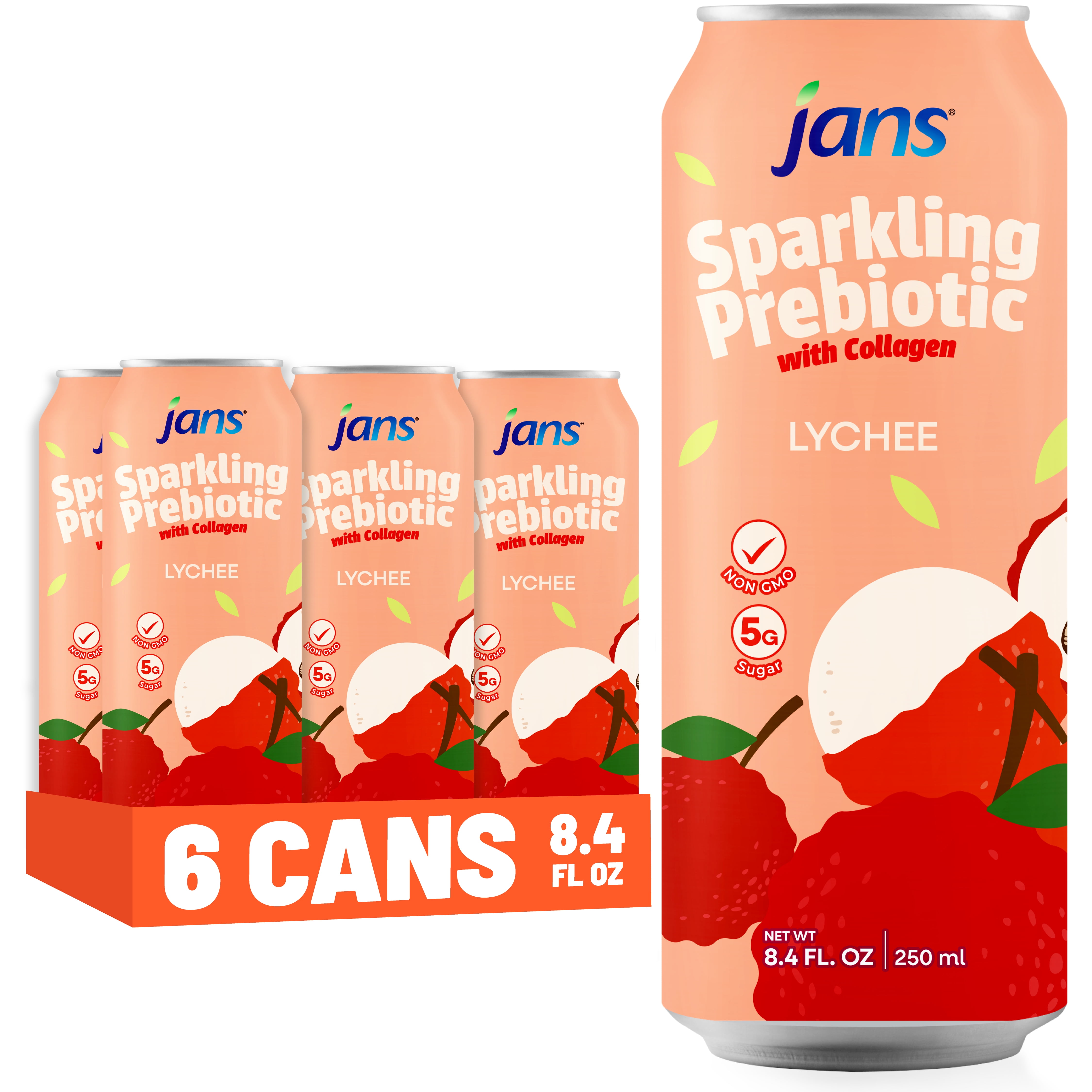 Jans Sparkling Prebiotic Soda Beverage, 8.4 oz Cans – Low Calorie, No Added Sugar – Non-GMO Sparkling Fruit Beverage – Gut Health Support – Naturally Refreshing (6-Pack, Lychee with Collagen)