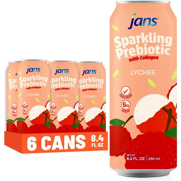 Jans Sparkling Prebiotic Soda Beverage, 8.4 oz Cans Low Calorie, No Added Sugar Non-GMO Sparkling Fruit Beverage Gut Health Support Naturally Refreshing (6-Pack, Lychee with Collagen)