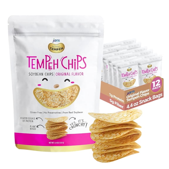 Jans Tempeh Chips, 4.4 oz 3g Protein & 5g Fiber, Plant Based Potato Chips Alternative No Added Sugar Vegan Soybean Snack | (Pack of 12, Original)