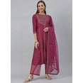 thumbnail image 1 of Jansaya Indian Round Neck 3/4 Sleeve Floral Print Wine Poly Silk A-Line Kurta with Palazzo And Dupatta For Women, 1 of 8